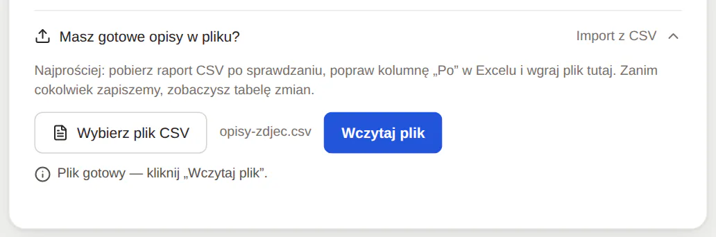 Sekcja importu opisów z pliku CSV z wybranym plikiem opisy-zdjec.csv i przyciskiem Wczytaj plik