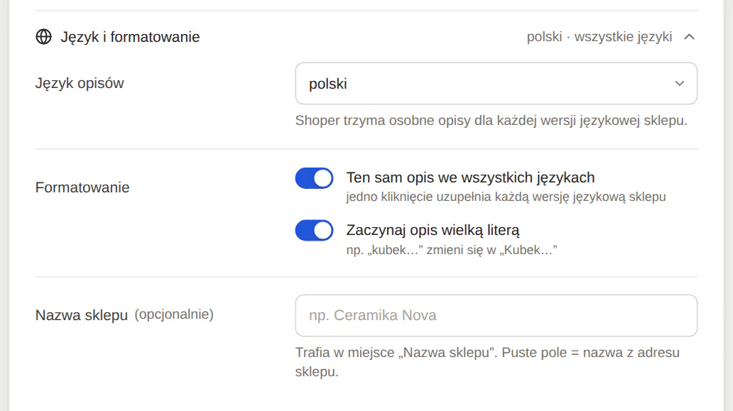 Rozwinięte ustawienia Język i formatowanie z włączonym zapisem tego samego opisu we wszystkich językach