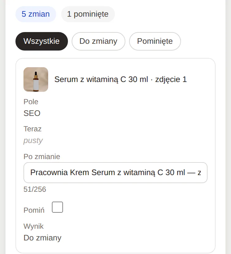 Tabela zmian w sklepie z kosmetykami: opisy serum, kremu i toniku zaczynają się od nazwy marki Pracownia Krem
