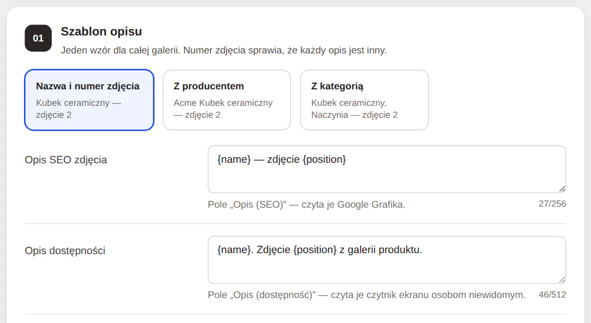 Panel GrowAlt: trzy gotowe wzory opisu i pola Opis SEO zdjęcia oraz Opis dostępności z licznikami znaków
