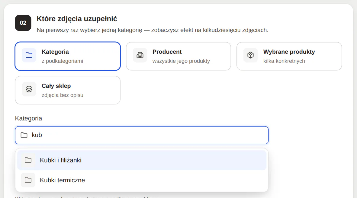 Panel GrowAlt: wybór zakresu Kategoria, Producent, Wybrane produkty, Cały sklep i podpowiedzi kategorii po wpisaniu „kub”